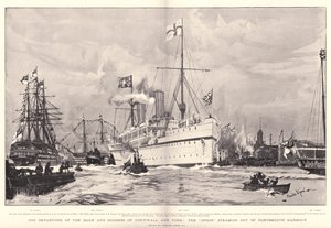 Het vertrek van de hertog en hertogin van Cornwall en York, de Ophir stoomt de haven van Portsmouth uit